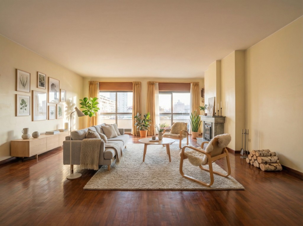 Living room after virtual staging in a Scandinavian-inspired style