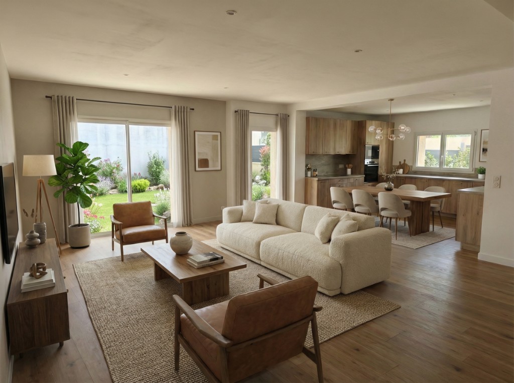 Open-plan living room and kitchen after virtual staging with furniture