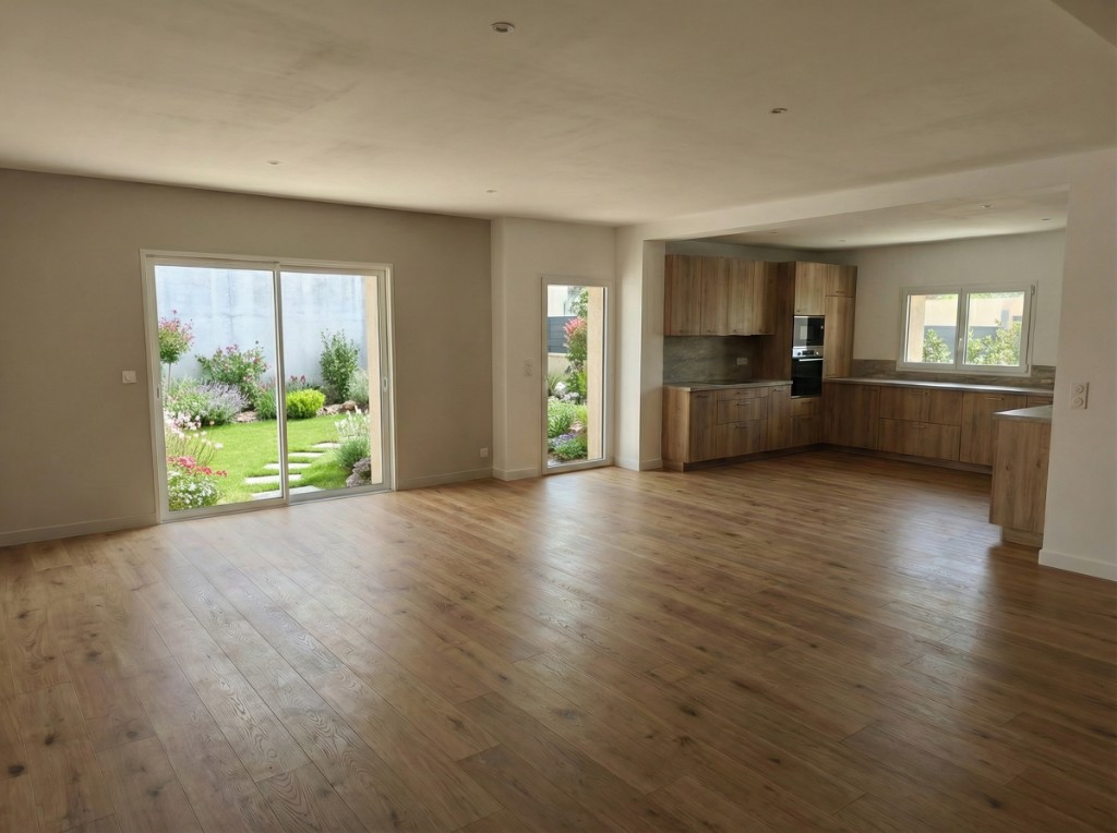 Open-plan living room and kitchen empty before virtual staging