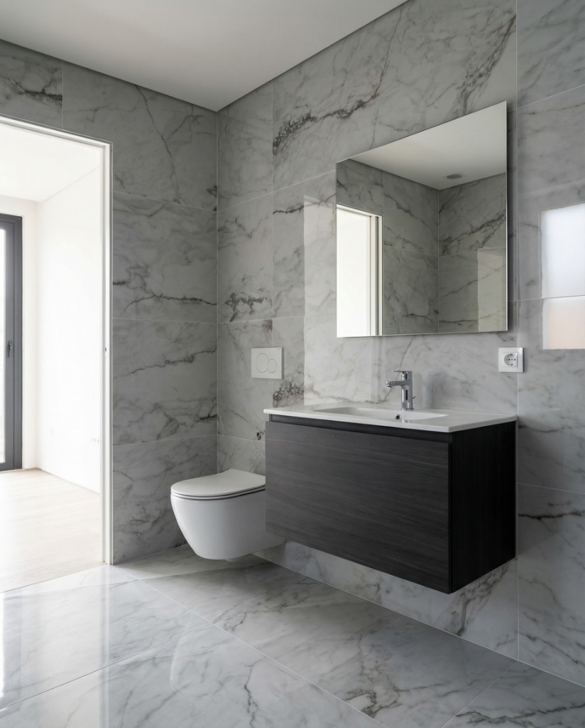 Bathroom after AI renovation preview with finished vanity and fixtures